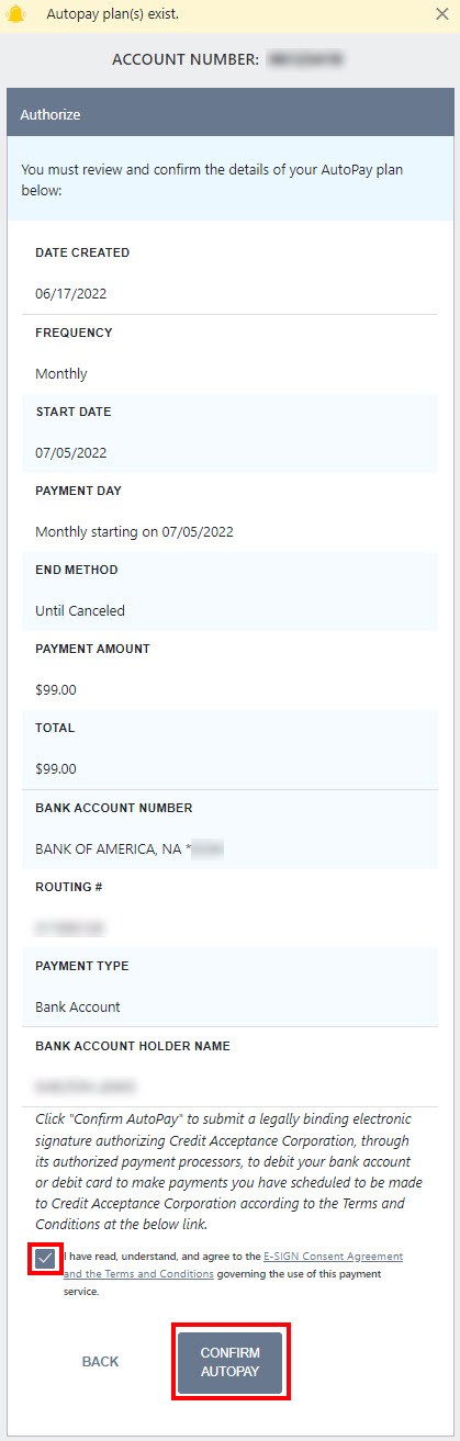 Autp pay confirm schedule screen